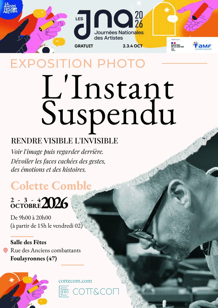 Affiche de l'exposition L'Instant Suspendu — Colette Comble, du 2 au 4 octobre 2026, Salle des Fêtes, Foulayronnes